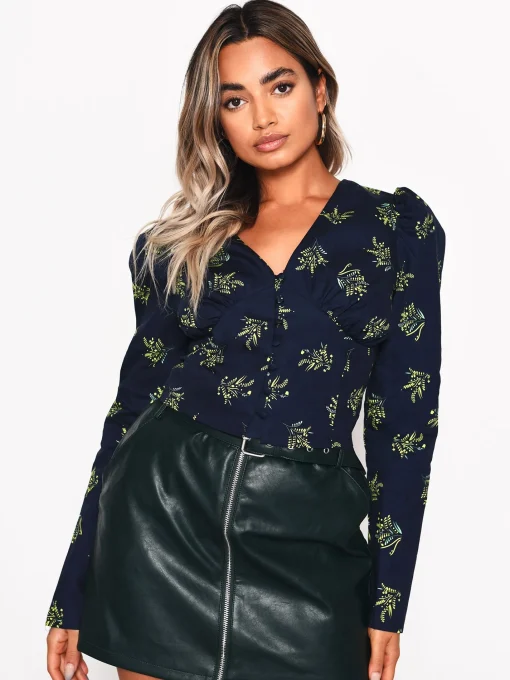 Glamorous Blouses & Shirts|Navy Bouquet Floral Button Front Blouse -