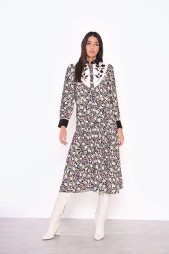 Glamorous Midi & Midaxi Dresses|Midi & Midaxi Dresses|Navy Folk Floral Black Collar Midi Dress -