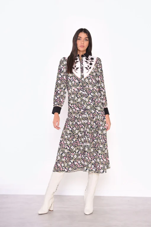 Glamorous Midi & Midaxi Dresses|Midi & Midaxi Dresses|Navy Folk Floral Black Collar Midi Dress -