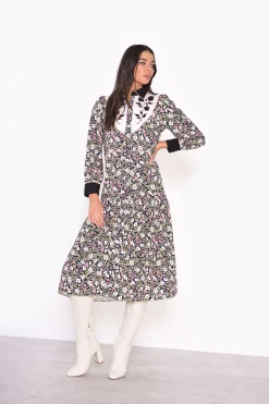Glamorous Midi & Midaxi Dresses|Midi & Midaxi Dresses|Navy Folk Floral Black Collar Midi Dress -
