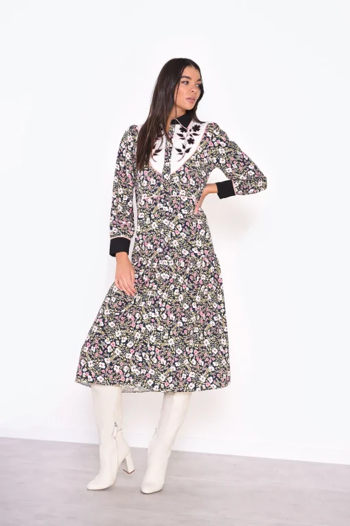 Glamorous Midi & Midaxi Dresses|Midi & Midaxi Dresses|Navy Folk Floral Black Collar Midi Dress -