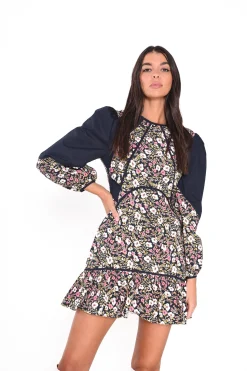 Glamorous Mini Dresses|Mini Dresses|Navy Folk Poplin Navy Pattern Puff Sleeve Mini Dress -