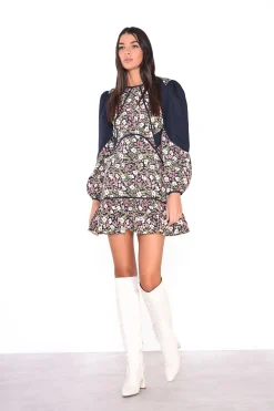 Glamorous Mini Dresses|Mini Dresses|Navy Folk Poplin Navy Pattern Puff Sleeve Mini Dress -