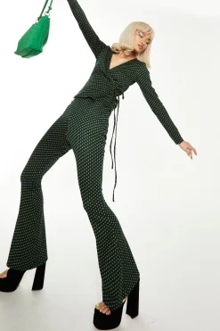Glamorous Go To Partywear|Flares|Navy Green Daisy Geo Flared Trousers -