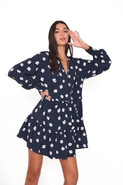 Glamorous Mini Dresses|Mini Dresses|Navy Hibiscus Pattern Shift Mini Dress -