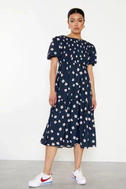 Glamorous Midi & Midaxi Dresses|Midi & Midaxi Dresses|Navy Hibiscus Short Sleeve Midi Dress -