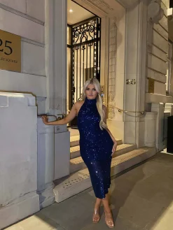 Glamorous Prom|Best Dressed Guest|Navy Peony Sequin Halter Neck Midi Dress -