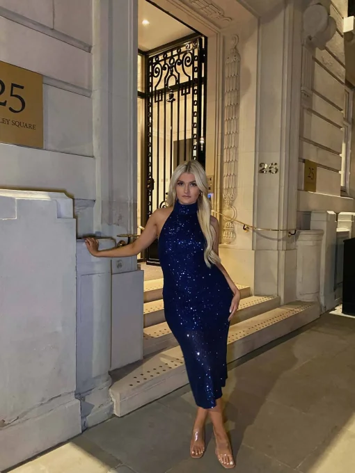 Glamorous Prom|Best Dressed Guest|Navy Peony Sequin Halter Neck Midi Dress -