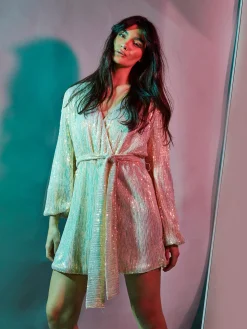 Glamorous Go To Partywear|Sequin Dresses|Nude Iridescent Sequin Tie Waist Wrap Mini Dress -