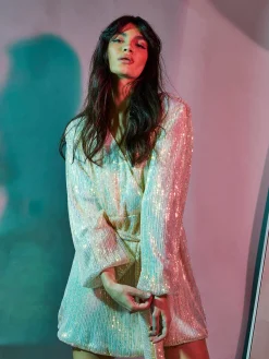 Glamorous Go To Partywear|Sequin Dresses|Nude Iridescent Sequin Tie Waist Wrap Mini Dress -