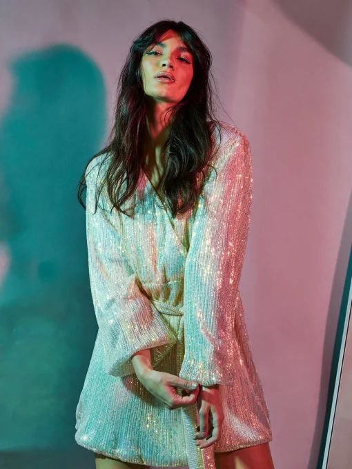 Glamorous Go To Partywear|Sequin Dresses|Nude Iridescent Sequin Tie Waist Wrap Mini Dress -