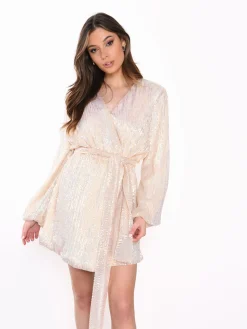 Glamorous Go To Partywear|Sequin Dresses|Nude Iridescent Sequin Tie Waist Wrap Mini Dress -