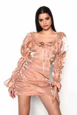 Glamorous Going Out Skirts|Go To Partywear|Nude Shimmer Draped Front Mini Skirt -