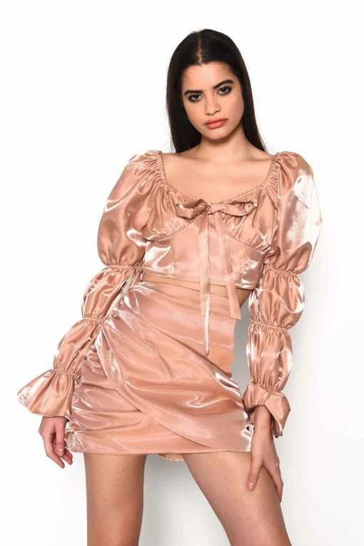 Glamorous Going Out Skirts|Go To Partywear|Nude Shimmer Draped Front Mini Skirt -