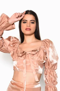 Glamorous Go To Partywear|Nude Shimmer Gather Sleeve Crop top with Rushed Bust detail -