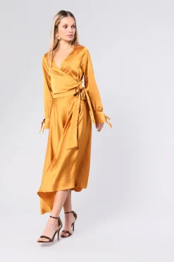 Glamorous Go To Partywear|Ochre Satin Wrap Long Sleeve Top -