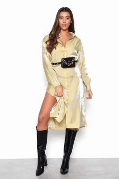 Glamorous Midi & Midaxi Dresses|Midi & Midaxi Dresses|Ochre Shimmer Long Sleeve Midi Shirt Dress with Side Splits -