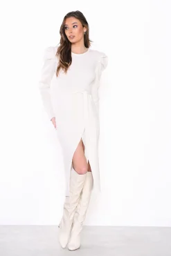 Glamorous Midi & Midaxi Dresses|Midi & Midaxi Dresses|Off White Puff Shoulder Split Midi Dress -