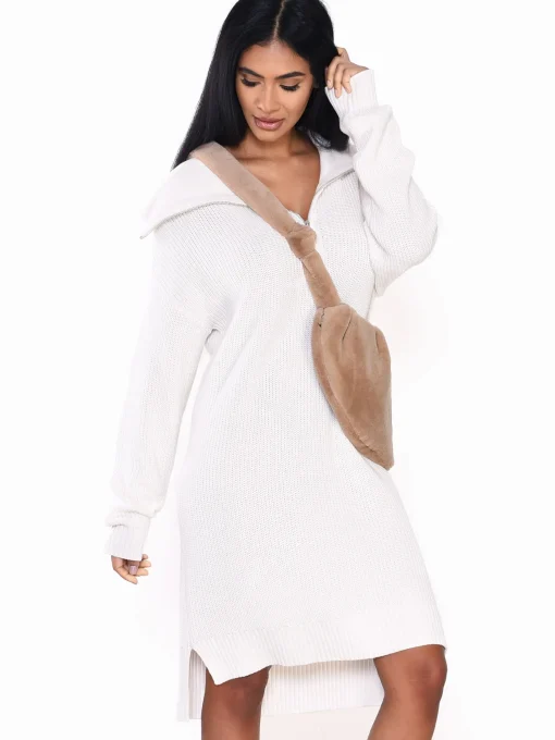 Glamorous Knitted Dresses|Knitted Dresses|Off White Quarter Zip Knit Midi Dress -