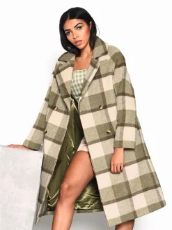 Glamorous Coats|Olive Beige Check Longline Coat -