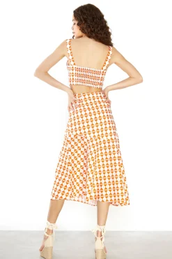 Glamorous Midi & Midaxi Skirts|Orange Diamond Geo High Waisted Midi Skirt -