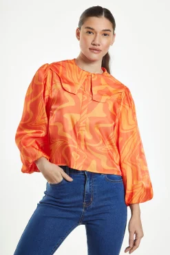 Glamorous Blouses & Shirts|Orange Marble Boxy Shirt with Statement Collar -