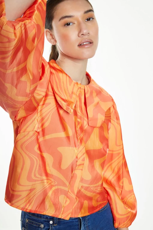 Glamorous Blouses & Shirts|Orange Marble Boxy Shirt with Statement Collar -