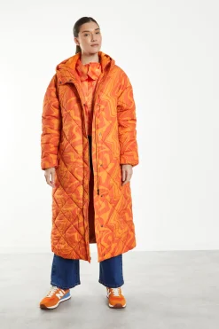 Glamorous Longline Coats|Puffer Jackets|Orange Marble Quilted Longline Puffer Coat with Hood -