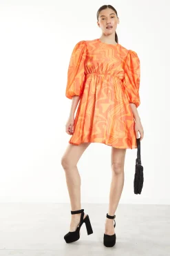 Glamorous Mini Dresses|Mini Dresses|Orange Marble Volume Puff Sleeve Mini Dress -