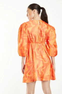 Glamorous Mini Dresses|Mini Dresses|Orange Marble Volume Puff Sleeve Mini Dress -