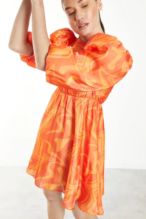 Glamorous Mini Dresses|Mini Dresses|Orange Marble Volume Puff Sleeve Mini Dress -