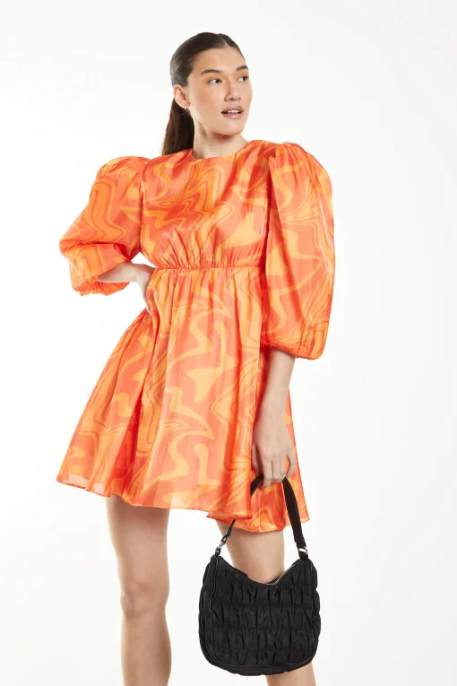 Glamorous Mini Dresses|Mini Dresses|Orange Marble Volume Puff Sleeve Mini Dress -