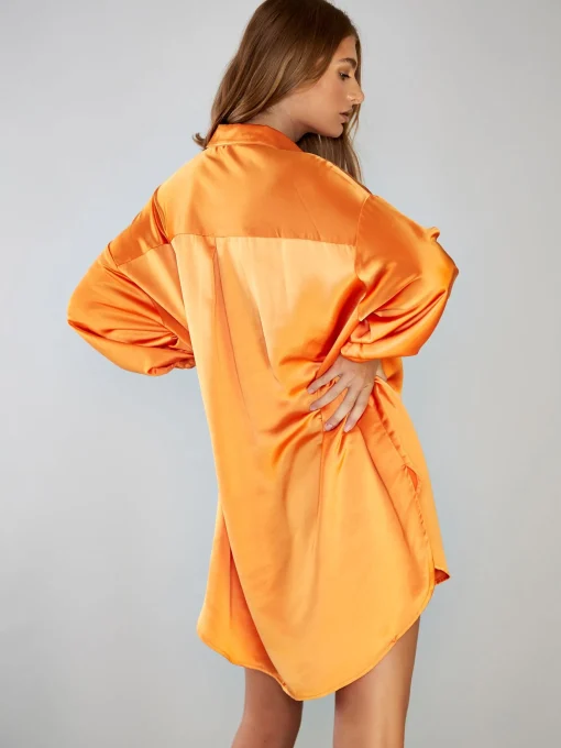 Glamorous Day Dresses|Satin Dresses|Orange Oversized Satin Shirt Dress -