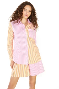 Glamorous Jet Setter|Co-ords|Orange Pink Stripe Loose Oversized Shirt -
