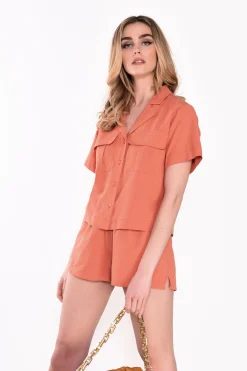 Glamorous Blouses & Shirts|Orange Rust Button Front Short Sleeve Shirt -