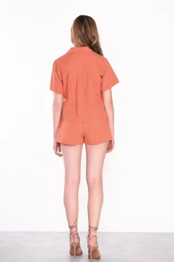 Glamorous Blouses & Shirts|Orange Rust Button Front Short Sleeve Shirt -