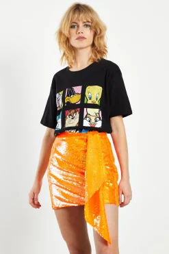 Glamorous Going Out Skirts|Go To Partywear|Orange Sequin Mini Skirt with Asymmetric Drape Detail -