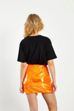 Glamorous Going Out Skirts|Go To Partywear|Orange Sequin Mini Skirt with Asymmetric Drape Detail -