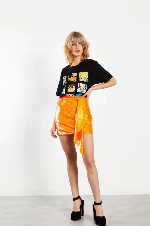 Glamorous Going Out Skirts|Go To Partywear|Orange Sequin Mini Skirt with Asymmetric Drape Detail -