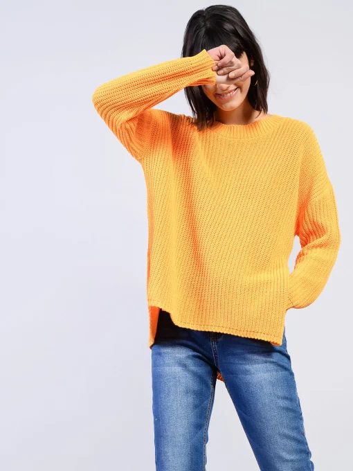 Glamorous Jumpers|Orange Split Side Knit Acrylic Long Sleeve Jumper -