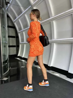 Glamorous Day Dresses|Knitted Dresses|Orange Tonal Flowers Knitted Mini Dress -