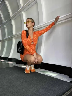 Glamorous Day Dresses|Knitted Dresses|Orange Tonal Flowers Knitted Mini Dress -