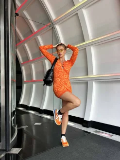 Glamorous Day Dresses|Knitted Dresses|Orange Tonal Flowers Knitted Mini Dress -