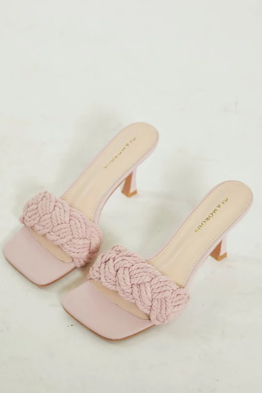 Glamorous Heels|Mules|Pink Braided Strap Heeled Mules -