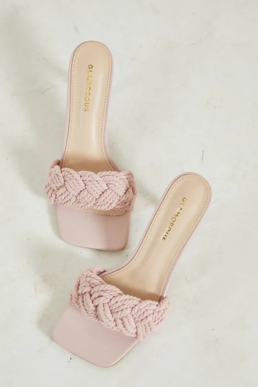 Glamorous Heels|Mules|Pink Braided Strap Heeled Mules -