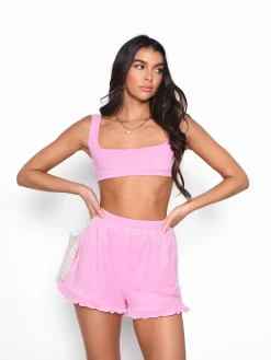 Glamorous Woven Shorts|Pink Frill Hem Towelling Shorts -