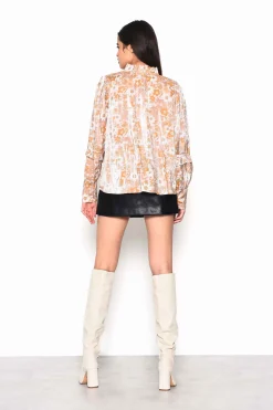 Glamorous Blouses & Shirts|Pink Gold Multi Floral Voluminous Fit Blouse with Neck & Sle -