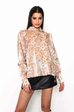Glamorous Blouses & Shirts|Pink Gold Multi Floral Voluminous Fit Blouse with Neck & Sle -