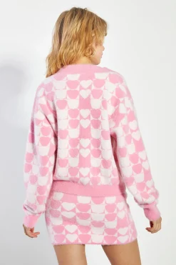 Glamorous Co-ords|Knitted Co-ords|Pink Multi Heart Button Front Cardigan -