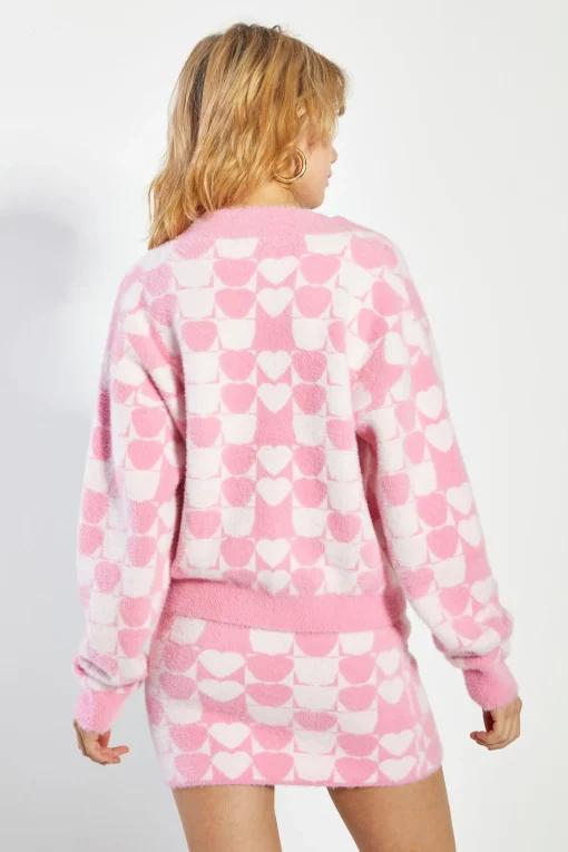 Glamorous Co-ords|Knitted Co-ords|Pink Multi Heart Button Front Cardigan -
